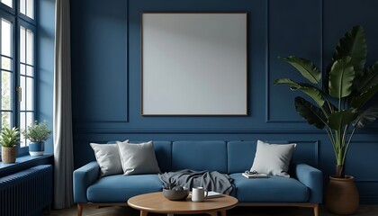 Wall Mural -  wall with lank frame poster mockup. Scandinavian boho home interior design of modern living room generative AI