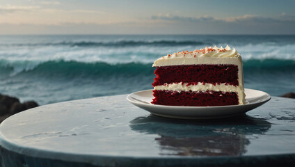 Slice of red velvet cake with cream cheese frosting on a table, with the ocean waves gently crashing in the background.