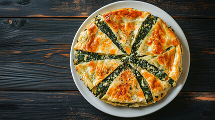 Wall Mural - Delicious spinach and feta cheese pie sliced into eight portions and served on white plate on black wooden table