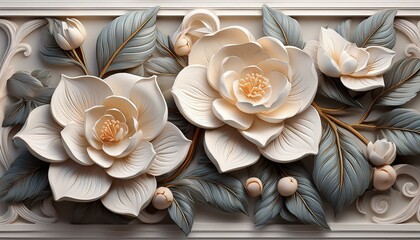 Detailed stucco relief depicting camellia flowers, showing lush petals and glossy leaves