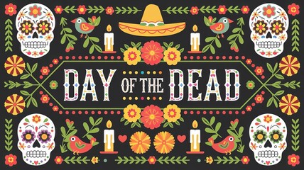 Day of the Dead (Día de los Muertos) Mexican elements like sugar skulls, candles, marigold flowers, and a sombrero