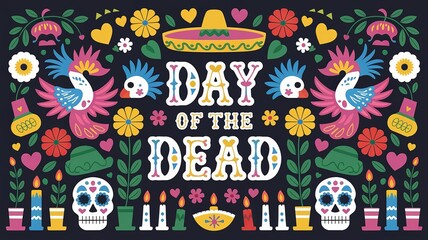 Day of the Dead (Día de los Muertos) Mexican elements like sugar skulls, candles, marigold flowers, and a sombrero