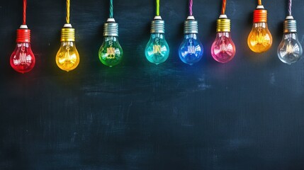 Light bulbs in various colors hanging from the top of a blackboard, symbolizing ideas and creativity. Copy space available.