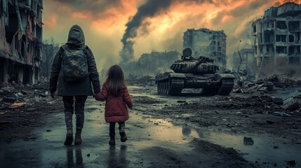 War-Torn Cityscape: A Mother and Daughter's Journey