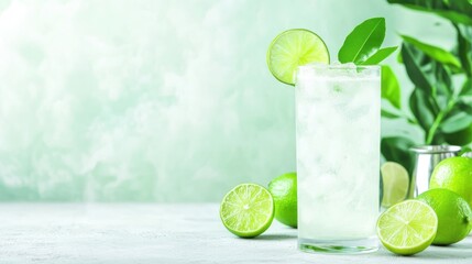 Refreshing lime juice served in a glass with a lime slice garnish, surrounded by fresh limes on a wooden coaster. Summer drink concept.