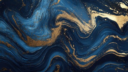 Poster - Luxurious abstract design with water and gold textures, featuring swirling blue and gold patterns, perfect for a sophisticated backdrop.