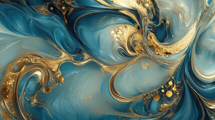 Poster - Luxurious abstract design with water and gold textures, featuring swirling blue and gold patterns, perfect for a sophisticated backdrop.