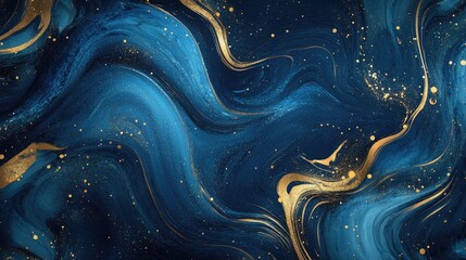Poster - Luxurious abstract design with water and gold textures, featuring swirling blue and gold patterns, perfect for a sophisticated backdrop.