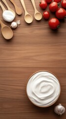 Wall Mural - A rustic wooden table features a bowl of yogurt garnished with fresh cucumber, lettuce, and cherry tomatoes, creating a colorful and inviting food arrangement