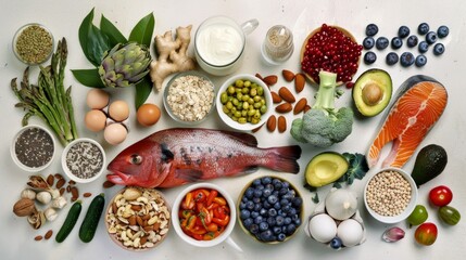 Wall Mural - A vibrant assortment of fresh ingredients showcases a healthy lifestyle. Colorful fruits, vegetables, nuts, and fish emphasize nutrition. Perfect for health-focused cooking and meal prep. AI