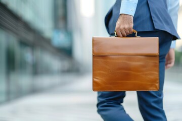 A man is walking with a brown briefcase in his hand. Concept of professionalism and responsibility, as the man is likely a businessman or a professional in a formal setting