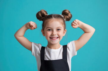 Poster - a happy girl student in a school uniform with a two-bun hairstyle, wearing a white shirt and a dark gray vest, performing powerful arm flexes on a blue background