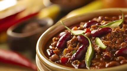 Close-up of a bowl of chili with beans, meat, and peppers.