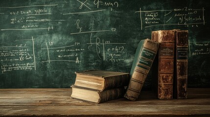 Old books on a wooden table, chalkboard background with math formulas, creating a scholarly atmosphere.