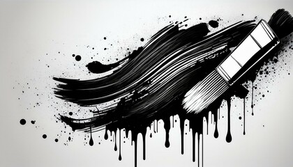 Paintbrush and ink brush stroke template with splashes of grunge. Modern set black ink brush stroke. Dirty artistic design elements. Splatters of grunge, stains of dirt, and paintbrushes with drops