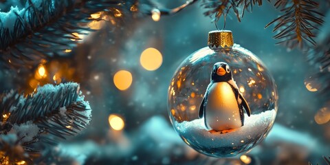 Festive Christmas tree ornament featuring a cheerful penguin black white inside a glass bauble with a snowy pine tree backdrop, glowing warmly against a blurred, illuminated background.