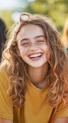 A teenage girl laughing with friends during an outdoor picnic, capturing the joy and mental upliftment that comes from social connection and shared moments