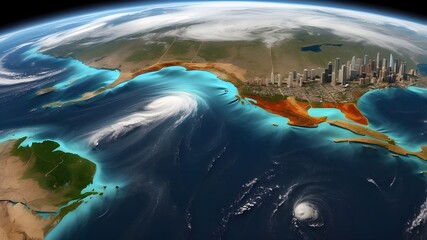 Space view of the American hurricane Ian in the state of Florida, showing how climate change is affecting American cities. 3D