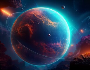 Wall Mural - Planet Earth-type, exo-planet in outer space, alien planet in far space. fantasy landscape, galaxy, unknown planet, neon space galaxy portal. 3d illustration.