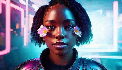 Portrait of a girl with flowers on her face from sci-fi cyberpunk. AI