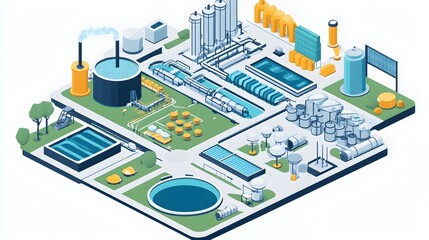 Flat image of a detailed water treatment process diagram on an isolated and minimalist background