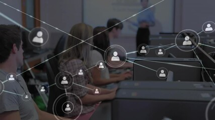 Poster - Network of connections animation over students working on computers in classroom