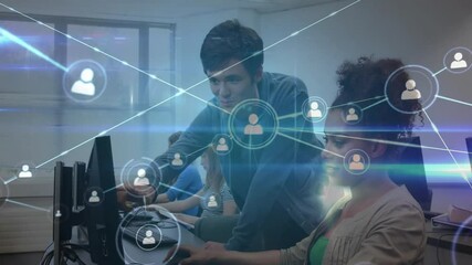 Poster - Network connections animation over diverse people working on computers in office
