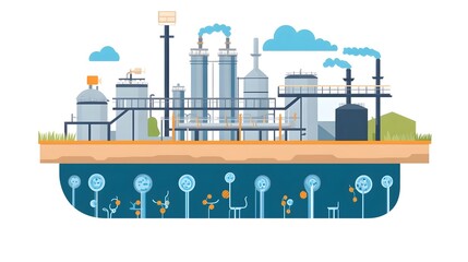 Poster - detailed flat image of a comprehensive water treatment process diagram including various stages and 