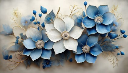 Raster illustration of beautiful blue flower arrangemen. Botanical garden, fine art, painting. 3D artwork background