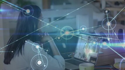 Poster - Network connections and data processing animation over woman using laptop in office