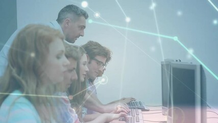 Poster - Network connections and data flow animation over students working on computers