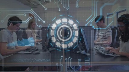 Poster - Digital interface animation over students working on computers in classroom