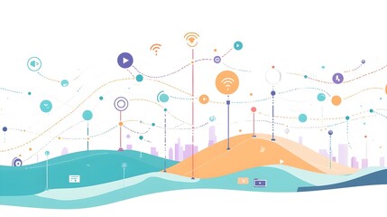 Poster - Detailed of Wireless Communication Network Signal Path Showcasing the Flow of Data Frequency Protocols and Architecture in a Digital Connectivity Diagram