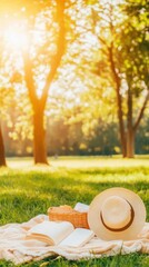 Wall Mural - A traveler enjoying a quiet picnic in a secluded park, surrounded by tall trees and soft sunlight, with a simple blanket, basket, and book, emphasizing relaxation and simplicity