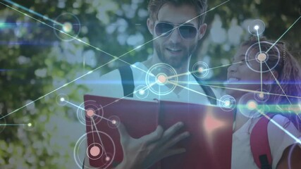 Poster - Network connections and data points animation over people reading outdoors