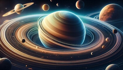 Wall Mural - Stock image of a fantasy space depicting Saturn planets, moons, and other planets surrounded by rings of Saturn.