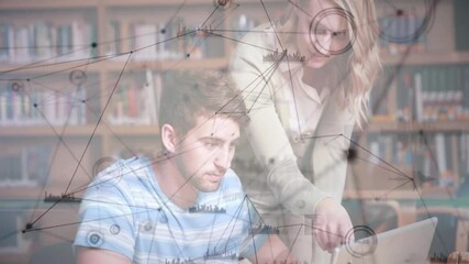 Poster - Network connections and data processing animation over students studying in library