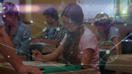 Poster - Studying in classroom, students with network connections and data processing animation