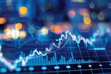 Poster - Financial chart with multiple lines and bars. Graph shows market growth and decline. Business concept with investment and profit analysis. Global economic data and statistic.