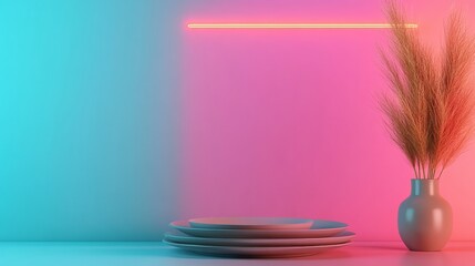 Thanksgiving feast table, neon lights, retro 80s design elements 2