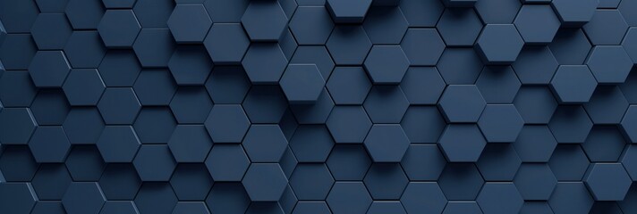 Poster - Dark blue hexagonal background texture features a radial center space, creating a three-dimensional abstract design. Geometric pattern of interconnected hexagons forms a mosaic structure.