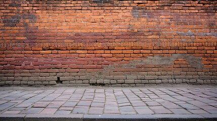 Old brick wall in red-brown color stands against gray cobblestone sidewalk in back street of Kathmandu city. Weathered, worn-out texture on wall.