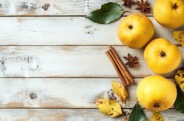 Wall Mural - Autumnal Fruits and Spices on Rustic Wooden Background