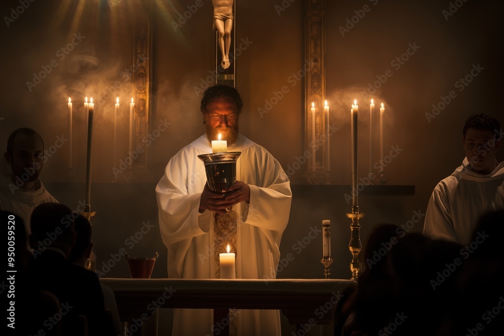 Candle Robe Priest holds golden chalice filled with candles during Holy Communion ...