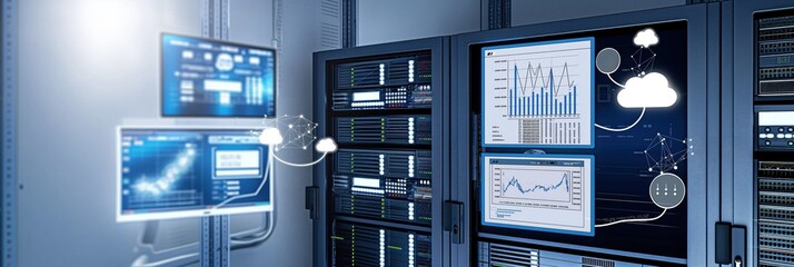 Poster - Data center room with servers, networking devices on rack cabinets. KVM monitor displays charts, cloud services icon with connection lines. Cloud computing concept.