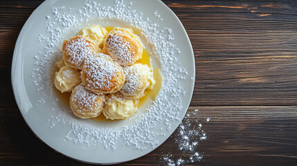 Canvas Print - Poffertjes with powdered sugar and syrup on a wooden table, ready to be enjoyed