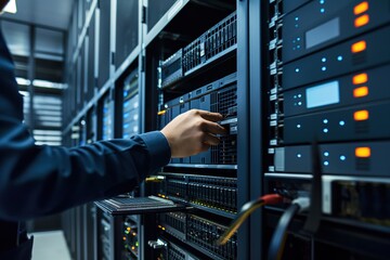 Poster - Data center room with multiple server racks. IT professional interacts with control panel of computer server. Network cables and wires connect devices in the background.