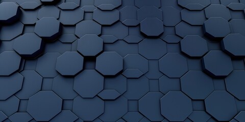 Poster - Hexagonal dark blue background texture with radial center space. Three-dimensional abstract art illustration featuring geometric shape with honeycomb pattern.