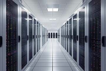 Poster - Data center with rows of servers in a large room. Computers and hardware equipment line the aisles. High-tech data storage solutions and networking systems are visible.