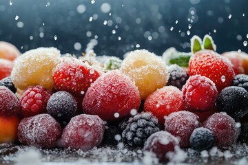 Frozen berries covered with ice crystals creating appealing texture